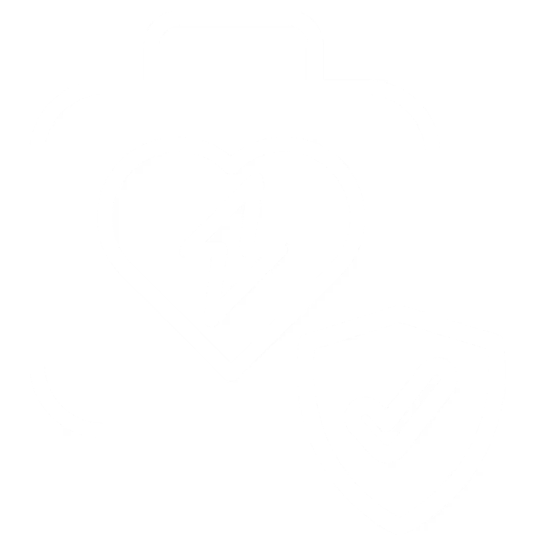 An icon of an Automated External Defibrillator (AED) next to a shield with a tick symbol in it, representing safety.