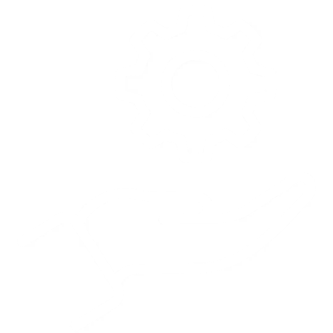 Hand holding a gear icon, symbolising support and sharing skills and knowledge.