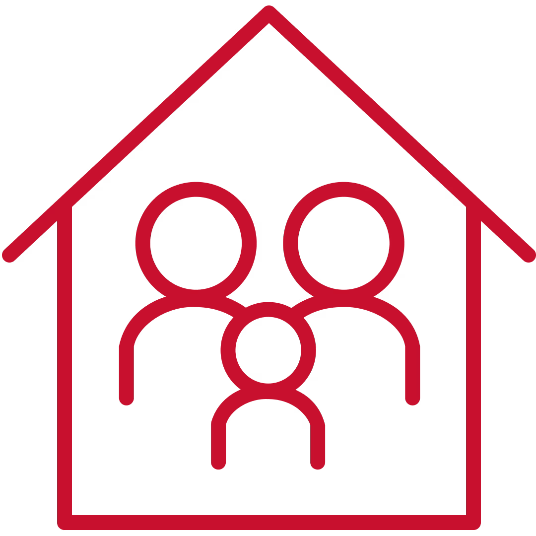 Three figures representing a family inside a house outline.